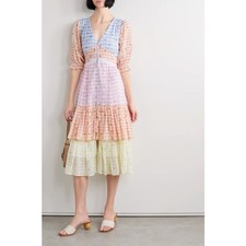 LOVESHACKFANCY Ollie Tiered Floral Checkered Cotton boho Midi Dress size 2 