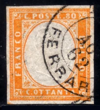 1861 Regno Sardegna / VE II cent 80 annullo FERRARA agosto 1862 firmato