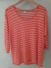 J. Jill Linen Popover Blouse Size Medium Pink Stripe 3/4 Sleeve Beachy Coastal