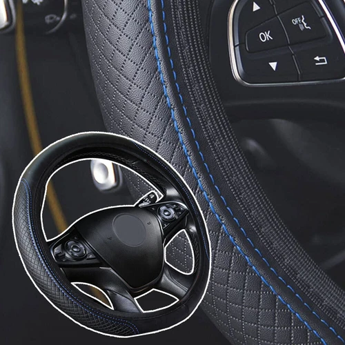Blue Car Steering Wheel Cover Leather Good Grip Car Accessories For 15"/37-38CM - Picture 6 of 8