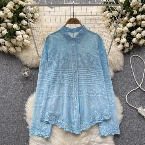 Lady Blouse Shirt Top Lace Floral Embroidery Button Ethnic Long Sleeve Basic New - Picture 19 of 31