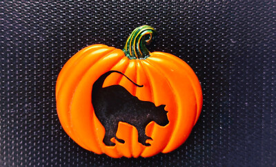 90's Pumpkin Brooch Pin Halloween Vintage Iridescent Orange Black Cat ...