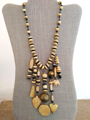 Vintage Bone Beaded Necklace Elephant Ethnic Dark Brown Fringe Bib