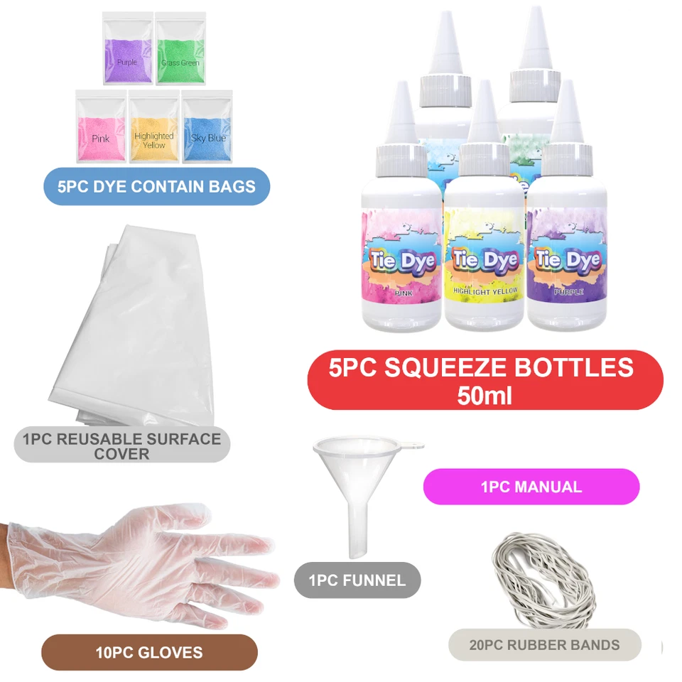 Tie Dye Kit Set of 5 Colours Ink Tie-Dye Kits for Dyeing Fabric Clothes 42pc Set - Image 2 of 4