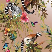 Exotisch Lemur Dschungel Blumen BläTter Kolibri Metallisch Tapete Rotgold 12404
