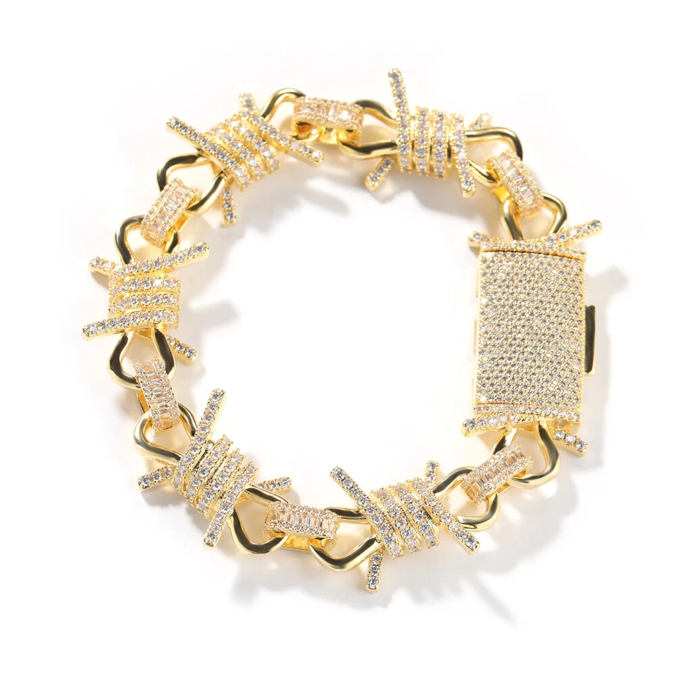 19MM 5AAA+ CZ Ice Out Hip Hop Large Barbed Wire Bracelet 14k Real Gold Plated - Image 3 of 4