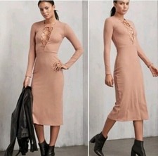 REFORMATION Edison Buff Women's Long-Sleeve Lace-Up Midi Dress with Stretch Xs