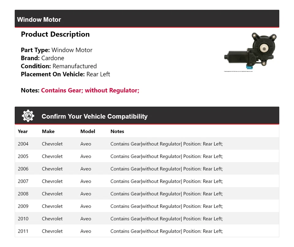 Motor de ventana trasero izquierdo cardone 2005 2006 2007 2008 Chevrolet Aveo 2004-2011 Foto 2 de 4