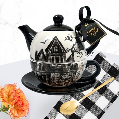 Potters Studio Halloween Haunted House / Raven Teapot/ Cup and Saucer New