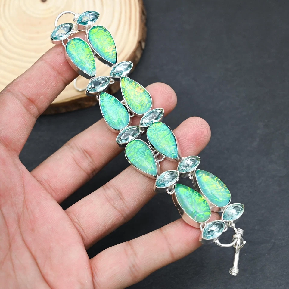 Bracciale gioiello in argento sterling 925 con topazio blu opale tripletta ve... - Immagine 2 di 4