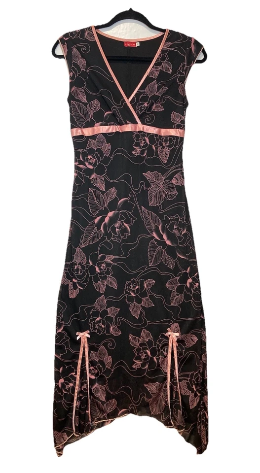 Vtg Ruby Rox Fairy Babydoll Maxi Dress Size S Black Pink Floral Y2K Asymmetrical - Image 4 of 4
