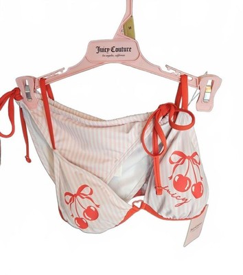 Juicy Couture Cherry Juicy Print Bikini Set Medium Pink Stripe Tie Side 2PC NWT
