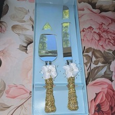 Wedding Cake Knife Server Set Gold Glitter Handles Floral Accents Stainless S