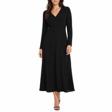 Black Ribbed Knit Button Front V-Neck Midi Dress Long Sleeve XL