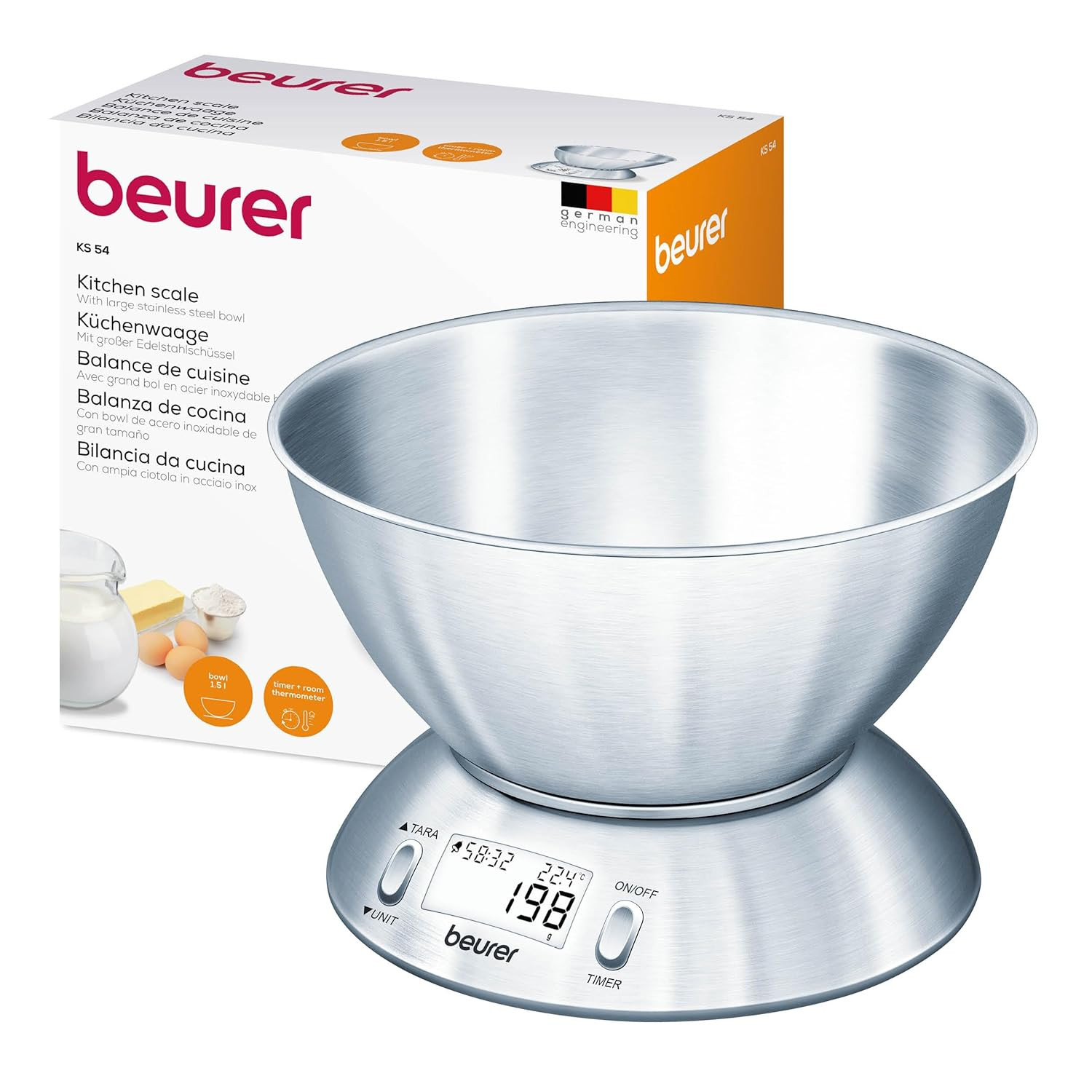 KS 54 Bilancia Da Cucina, Con Ciotola in Acciaio Inox Spazzolato Lavabile in Lav