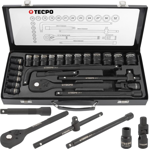 Tecpo Kraft SteckschlÜSsel Satz 1/2 Zoll RATSCHEN-KASTEN Nuss Set 10-32 Mm NÜSse-image