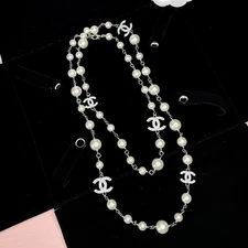 Vintage CHANEL 06 Faux Pearl Black Bead Interlocking CC Opera Length Necklace
