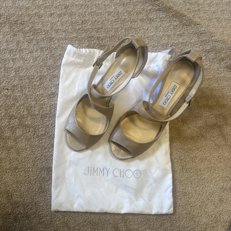 Новый JIMMY CHOO EMILY «65» мм металлический замши песок золото сандалии 40 никогда не носили/сумка - Изображение 2 из 4