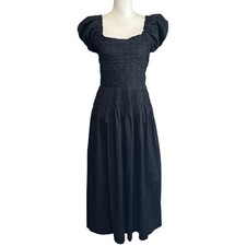 Caroline Constas Black Smocked Maxi Dress Puff Sleeve Shirred Cotton Midi Sz M
