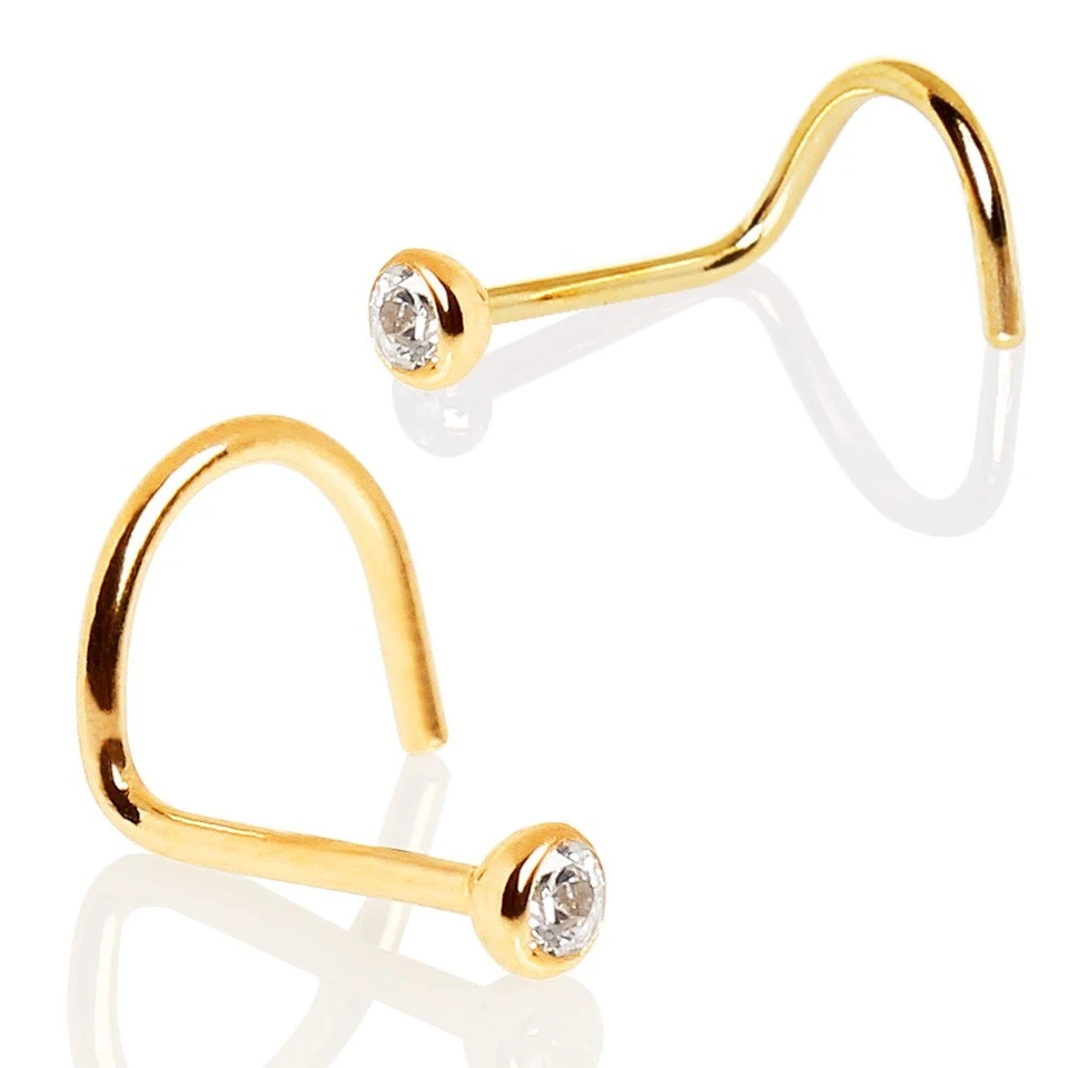 Yellow Gold Plated Screw Nose Ring with Press Fit Cubic Zirconia ***** - Image 3 of 3