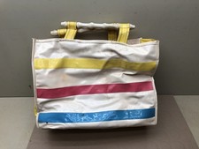 Vintage Vinyl Tote Bag Yellow Red Blue Stripes Plastic Handles - Zipper Pouch
