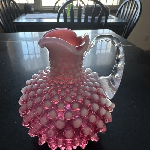 Fenton Cranberry Opalescent Hobnail Ruffled pitcher 5" Tall Red White Glass