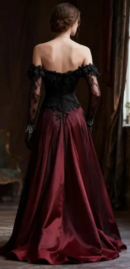 Vestido de novia gótico manga larga negro y borgoña línea A vestido de novia vintage Foto 2 de 4