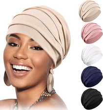 Syhood 5 Pieces Women Turban Sleep One Size, Black, White, Khaki, Navy, Pink 