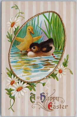 A Happy Easter Gold Trimmed Ducklings Swimming Antique Postcard