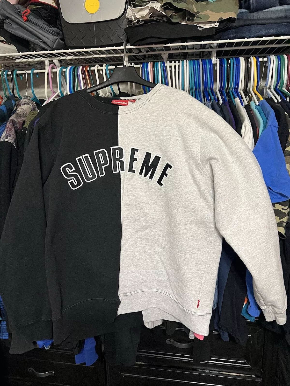 RARE Sweat col rond gris fendu suprême noir FW18 taille XL