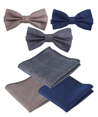 Boys Mens Matching Check Tweed Dickie Bow Tie & Handkerchief Hankie Set
