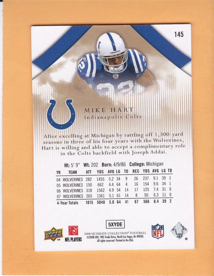 MIKE HART #145 2008 ULTIMATE ROOKIE SP 275 INDIANAPOLIS COLTS RC NM-MT - Image 2 of 2