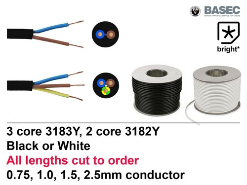 OFFER Flexible Mains Cable 2 & 3 core Black White 0.75, 1, 1,5, 2.5mm Wire Round - Picture 1 of 5