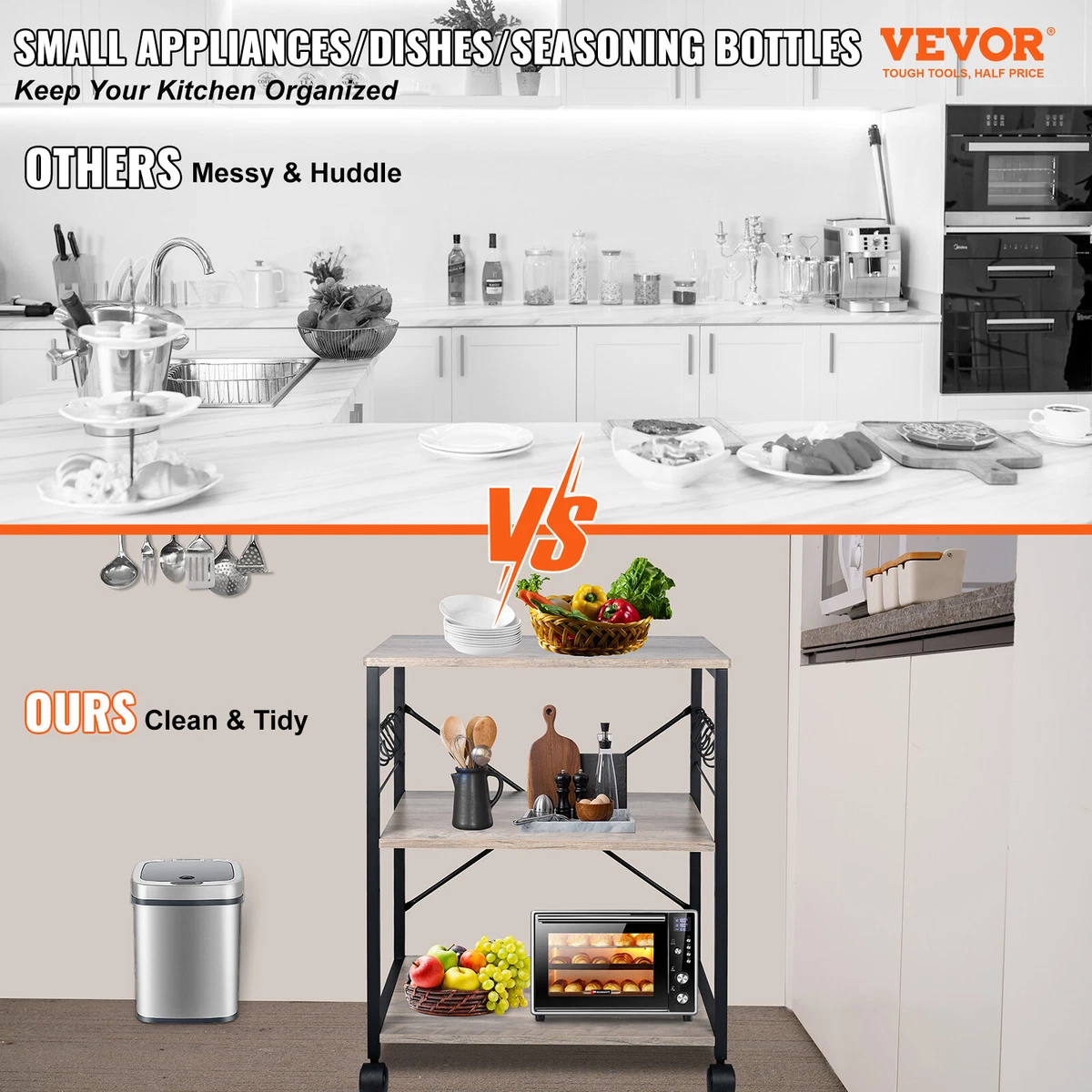 VEVOR 3 Tier Kitchen Bakers Rack Storage Shelf with Cabinet Microwave Oven Stand
