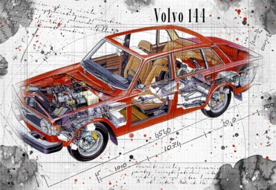 Line Tech Zeichnung Volvo 144 Cutaway Kunst Poster Druck