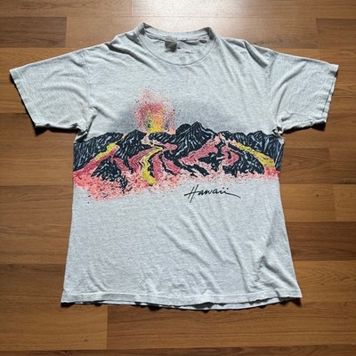 Vintage 90's Hawaii Volcano Eruption Gray Wrap Around Distressed Shirt Sz Large