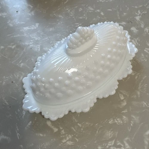 Vintage Fenton Milk Glass Hobnail Oval Butter Dish with Crown Top Lid