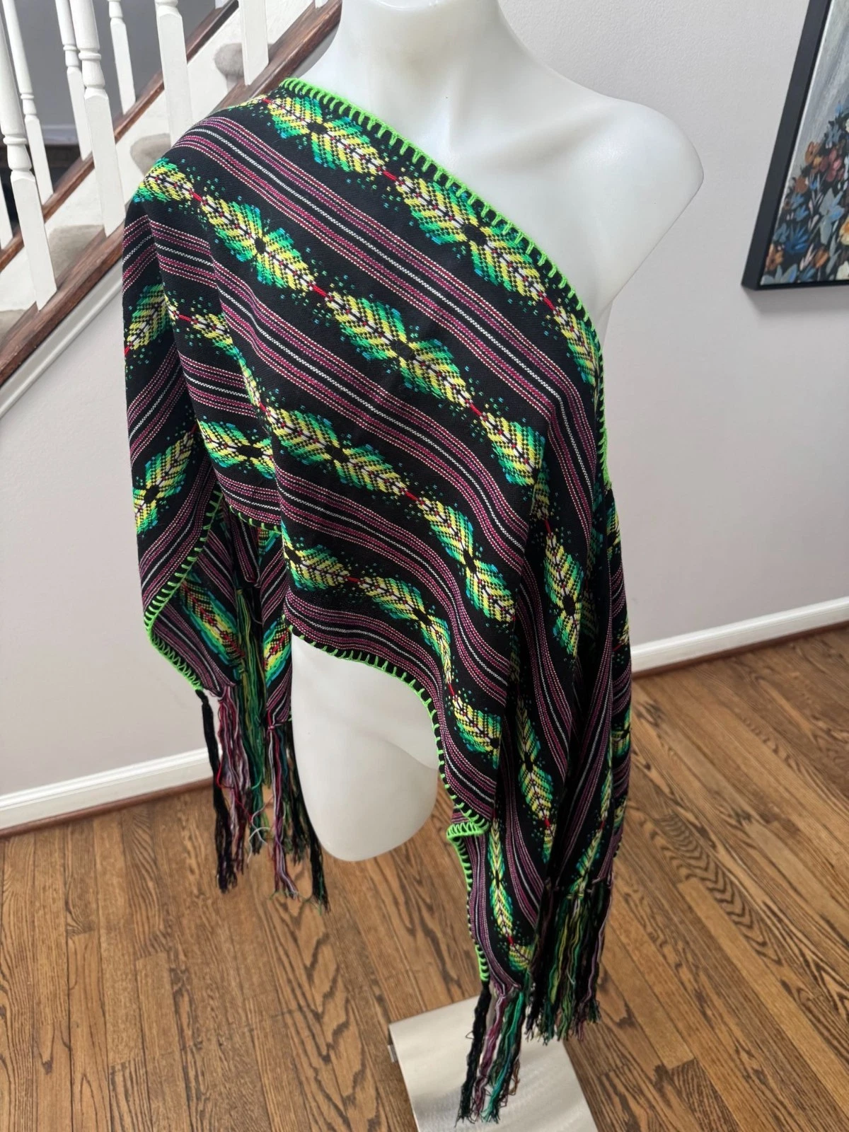 Miguelina Woven Fringe Poncho Sweater Cape Knit Multi OS One Size