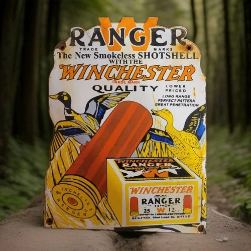 Vintage Winchester Porcelain Sign Ranger Smokeless Smith Wesson Colt Hunting USA