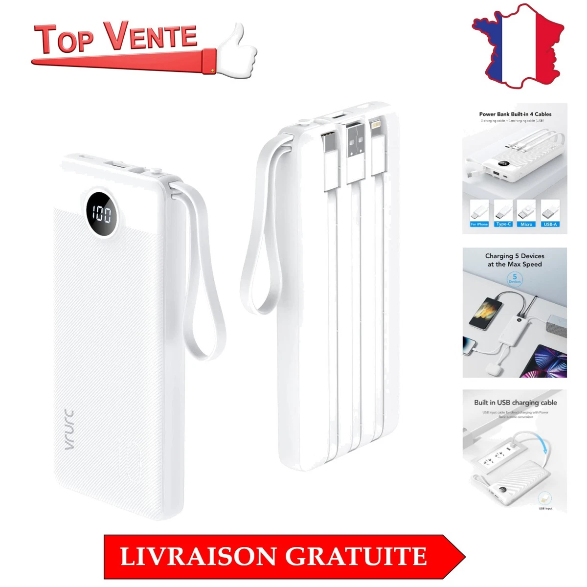 Batterie Externe Solaire Xiaomi 20000mAh - Charge Rapide, Double USB, Câble Intégré