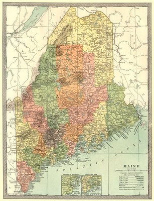 MAINE Staatskarte. Landkreise. Portland & Badeinsätze 1907 alte antike Karte