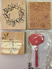 4 Large Wood Mount Rubber Stamps Floral Roses Scroll Wreath Foliage Flower