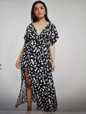 ASOS Curve Flutter Sleeve Maxi Beach Dress Plunging Neckline Mono Spot Print, 24