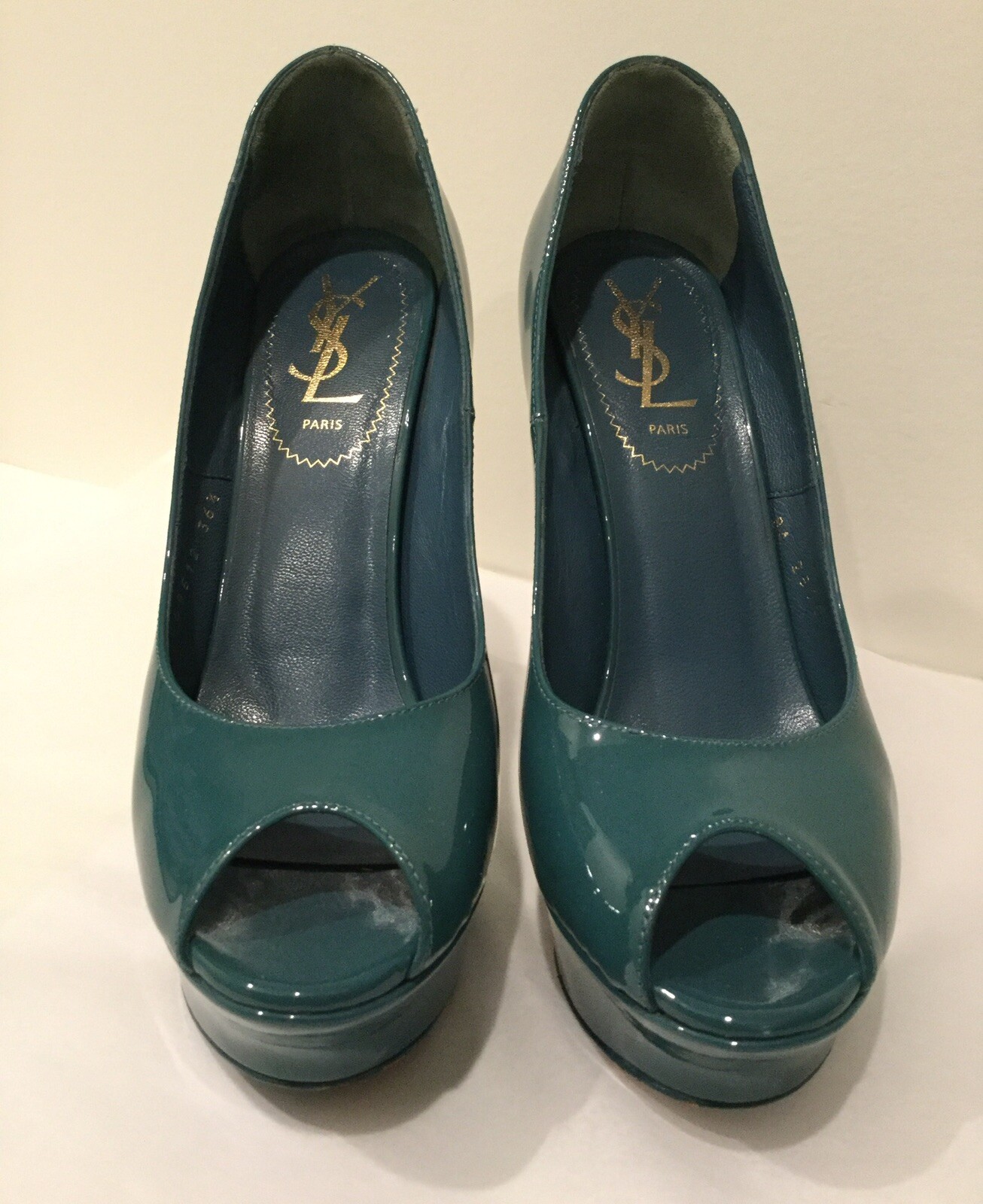 YSL Yves Saint Laurent Palais platform pump ~ Sz 36.5 ~ Open Toe ~ Teal Blue