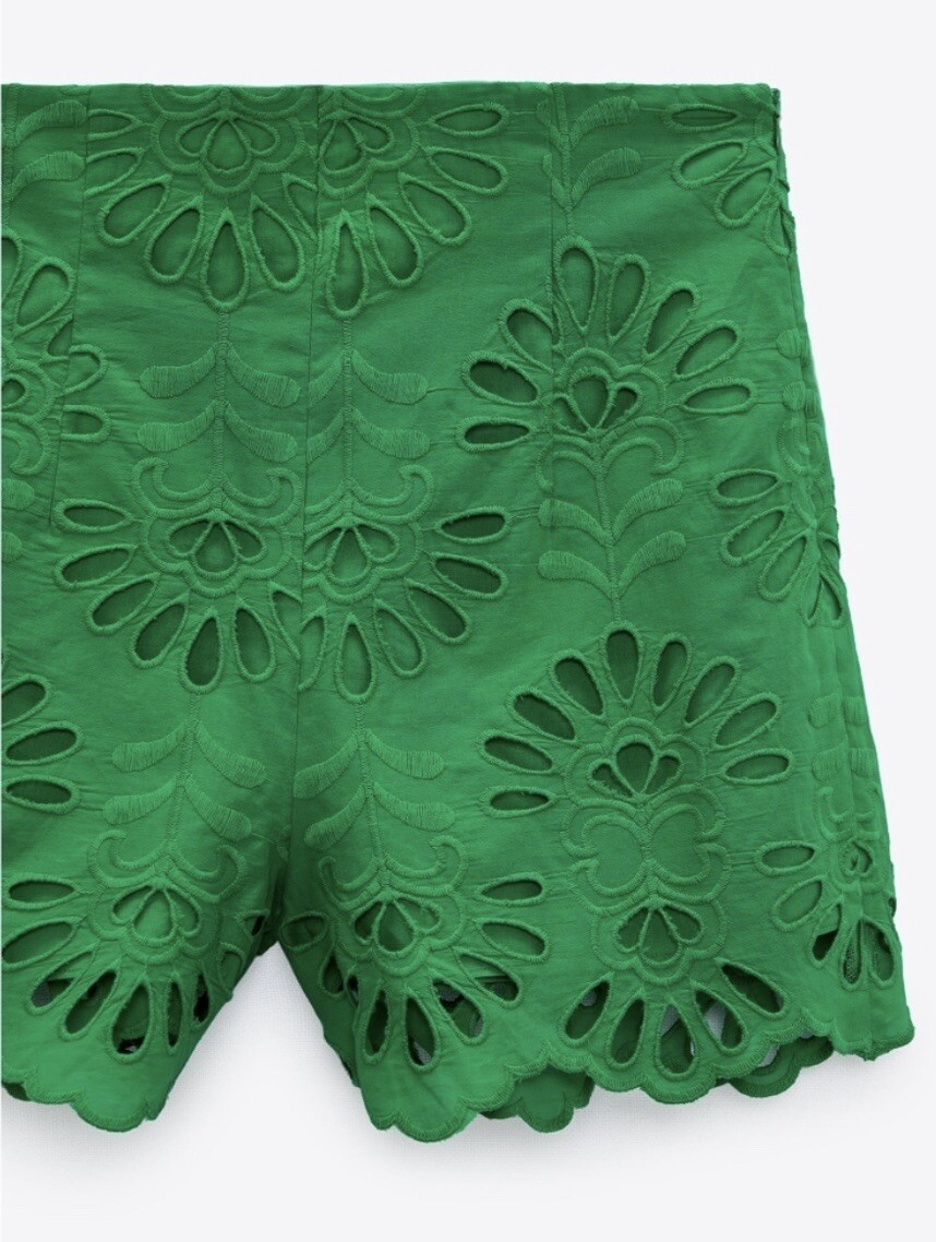 Zara Embroidered Eyelet Shorts High Waisted Emerald Green