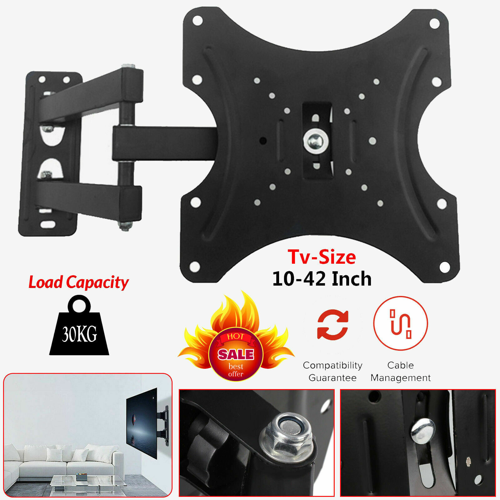 Soporte de pared ajustable universal para TV LCD LED LCD de 10"" a 42"" 180 grados giratorio