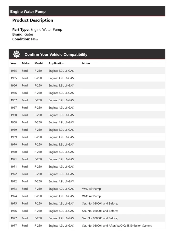 适用于 1965 - 1977 福特 F-250 发动机水泵门 1966 1967 1969 1971 — 第 2/4 张图片