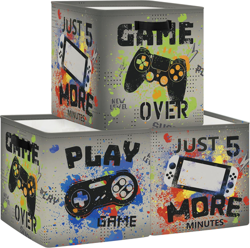 Video Games Kid Storage Basket Set Black Gamepad Foldable Closet Clothes Nursery