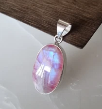Pink Moonstone Pendant Solid 925 Sterling Silver Simple Neck Jewelry item MK*