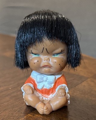 Vintage 1960s Moody Cutie Pouting Doll Made in Korea Girl Orange Dress Asian